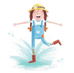 illustration of a girl dressed in overalls splashing in a puddle