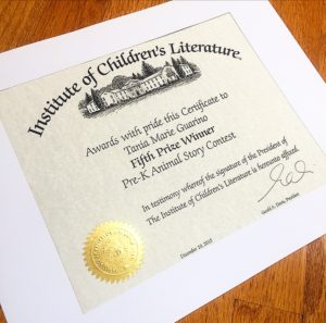 photo of certificate from Institute of Children's Literature to Tania Marie Guarino Fifth Prize Winner for Pre-K Animal Story